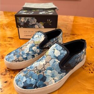 Authentic Gucci Blue Floral Slip-On Sneakers, digital copy of COA in pics